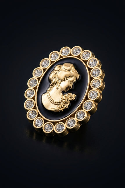 Brooch - Gold, Black, Clear oval - angle