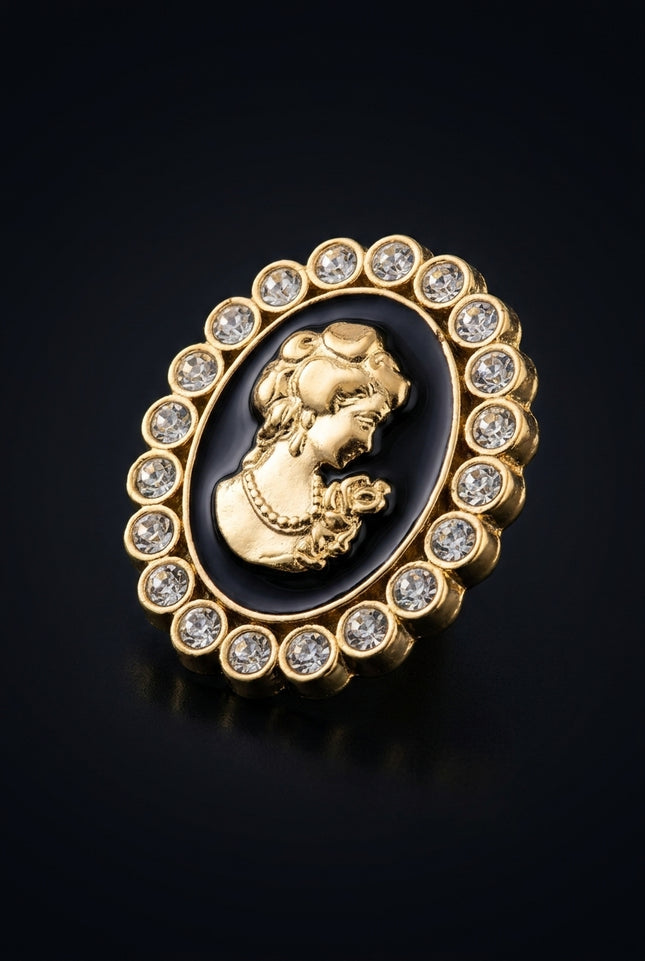 Brooch - Gold, Black, Clear oval - angle