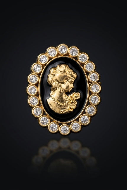 Brooch - Gold, Black, Clear oval - front