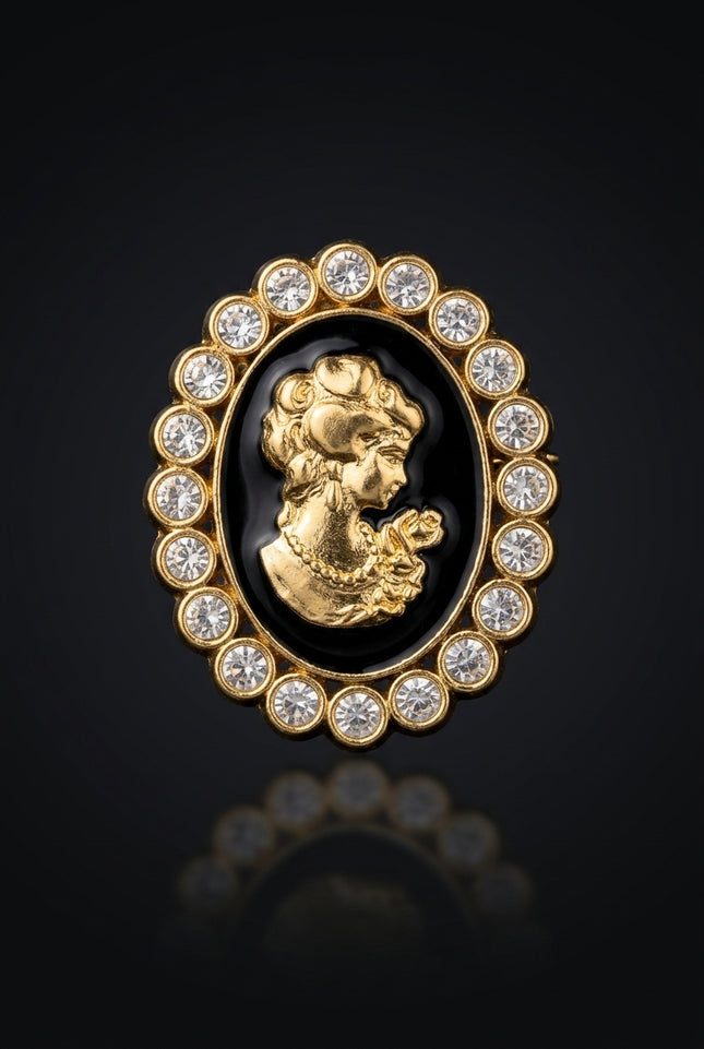 Brooch - Gold, Black, Clear oval - front