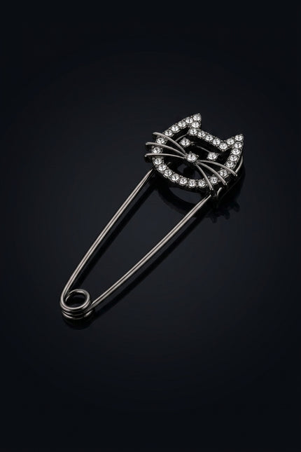 Brooch - Black, Clear Stones cat head - angle