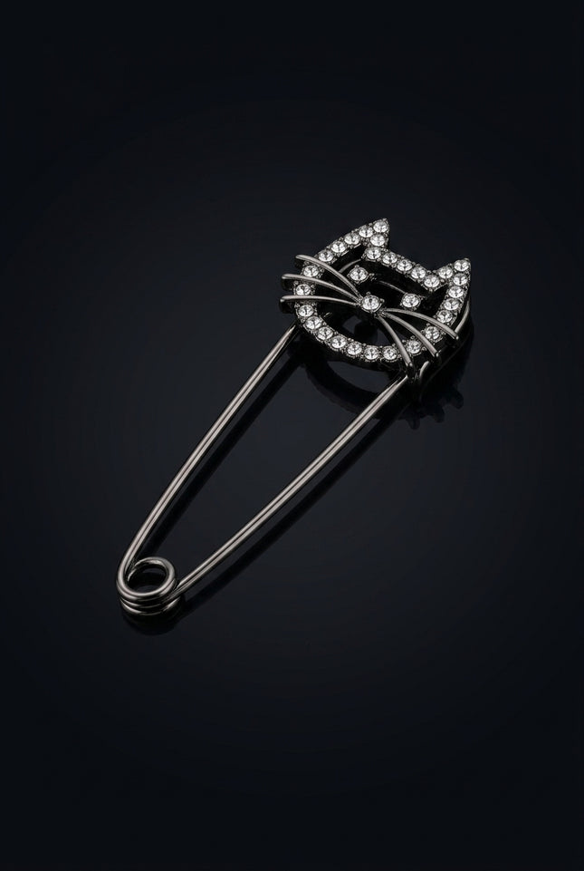 Brooch - Black, Clear Stones cat head - angle