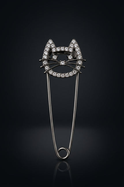 Brooch - Black, Clear Stones cat head - front