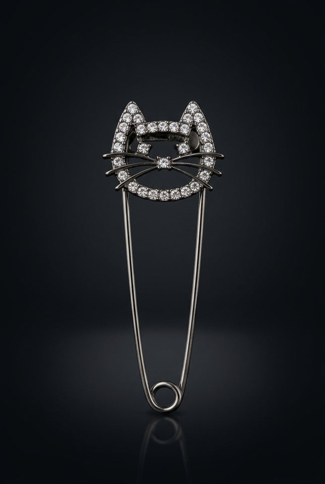 Brooch - Black, Clear Stones cat head - front