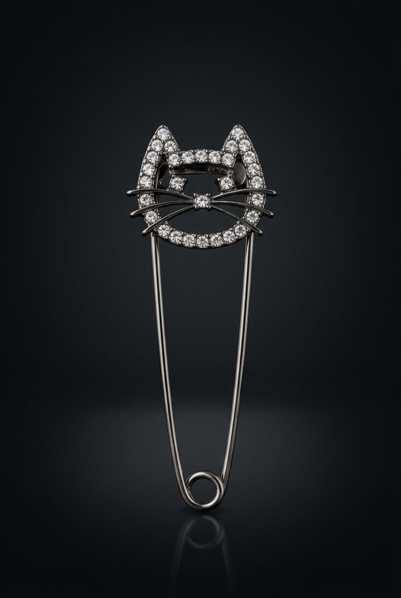 Brooch - Black, Clear Stones cat head - front