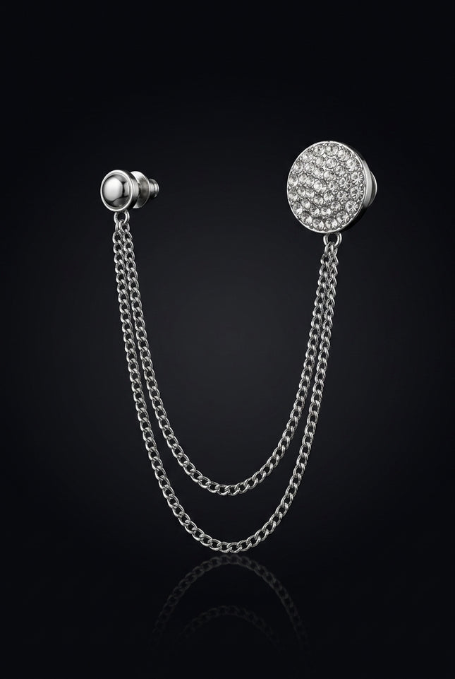 Brooch - Silver two round elements connected by chains - angle