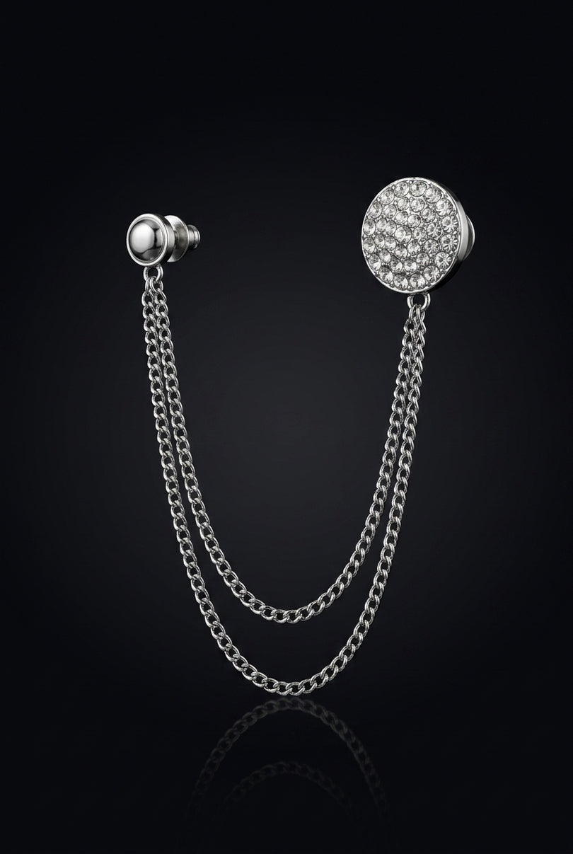 Brooch - Silver two round elements connected by chains - angle