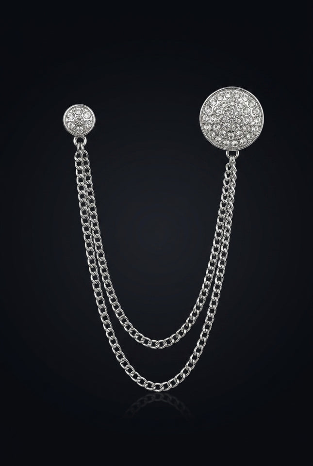 Brooch - Silver two round elements connected by chains - front