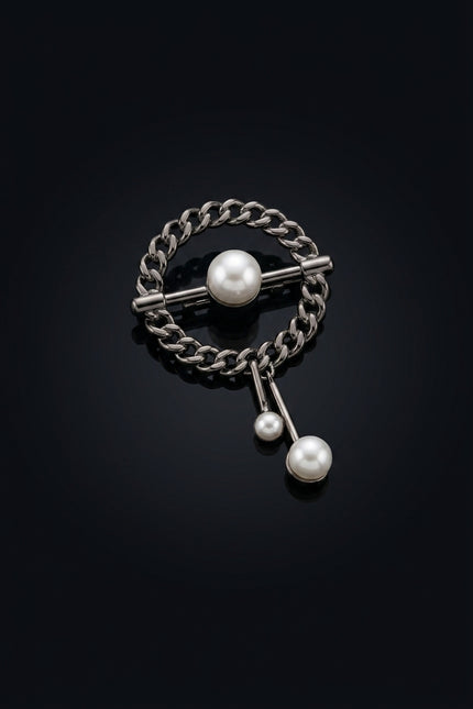Brooch - Dark Gray And White circular with dangling elements - angle