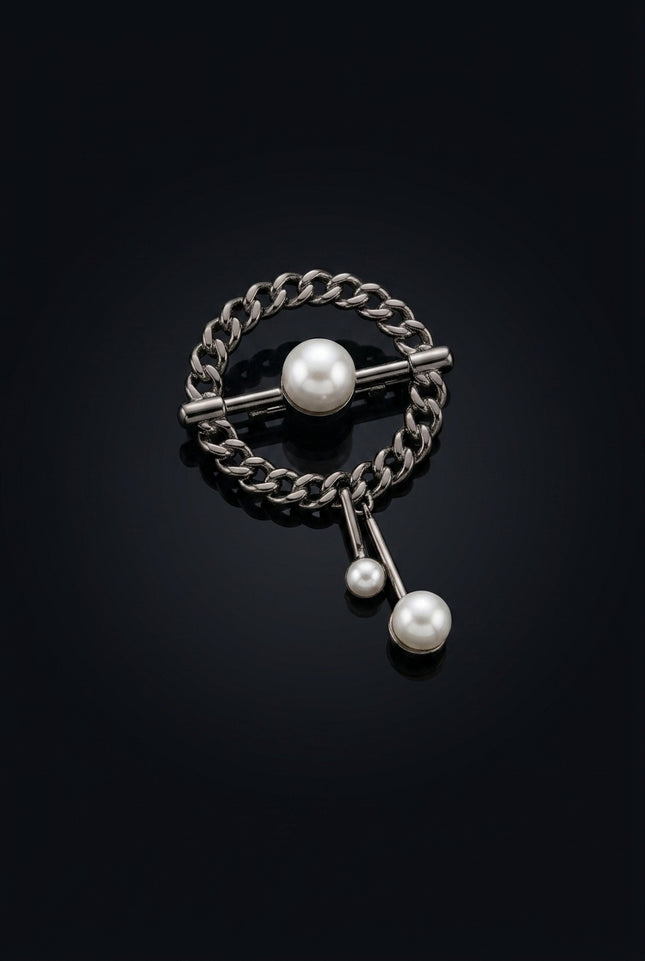 Brooch - Dark Gray And White circular with dangling elements - angle