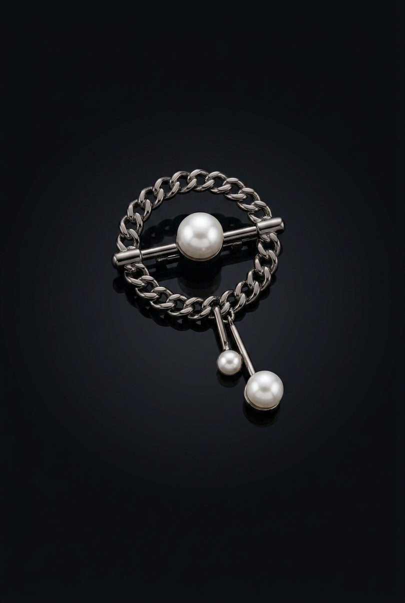 Brooch - Dark Gray And White circular with dangling elements - angle