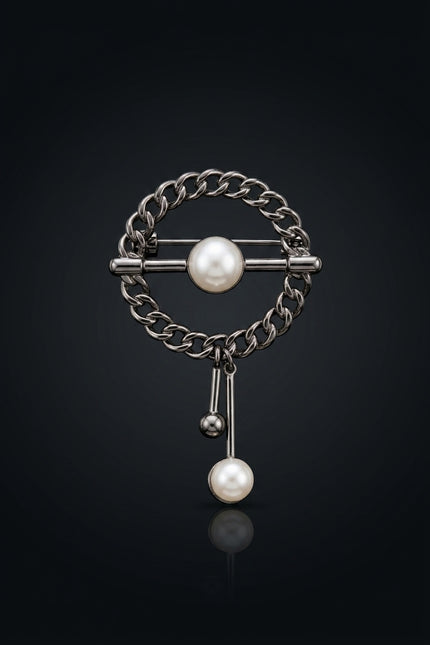 Brooch - Dark Gray And White circular with dangling elements - front