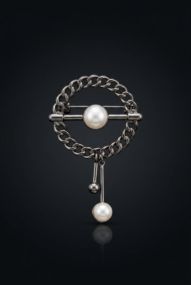 Brooch - Dark Gray And White circular with dangling elements - front