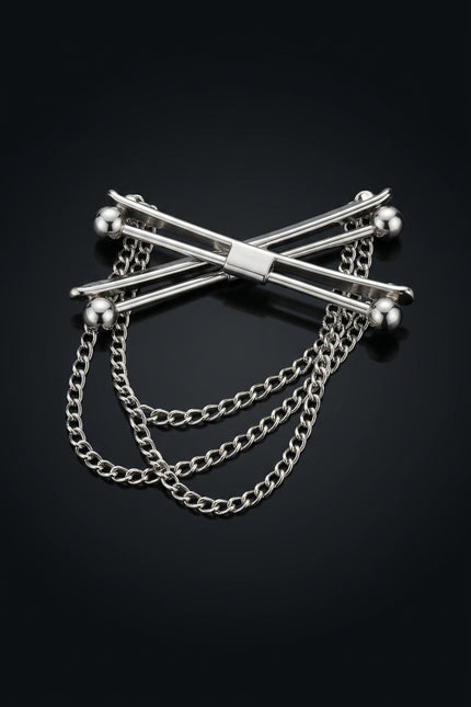 Brooch - Silver elongated bar with spherical ends and two draped chains - angle