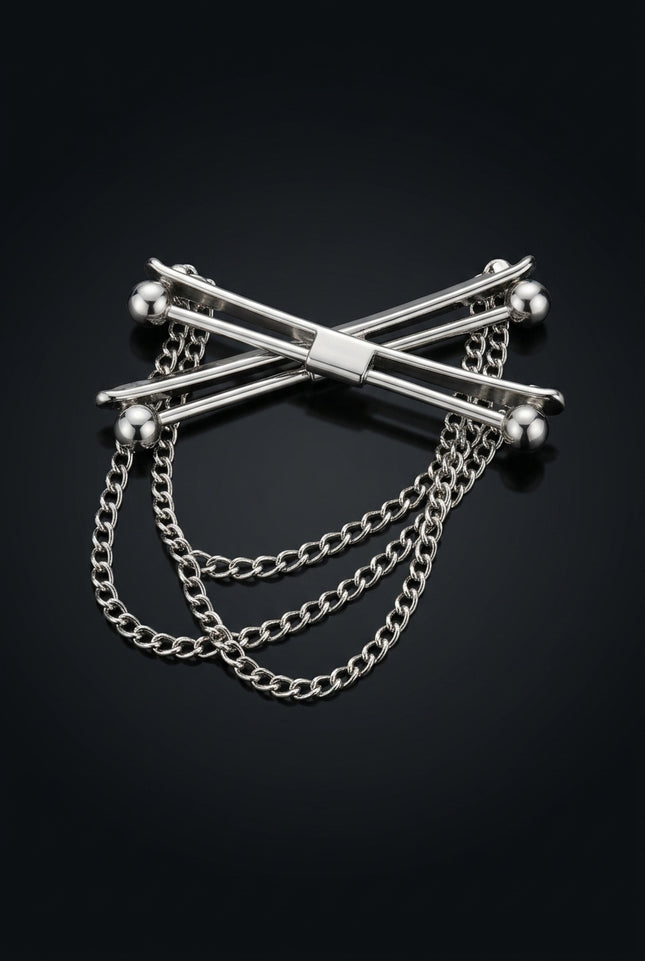 Brooch - Silver elongated bar with spherical ends and two draped chains - angle
