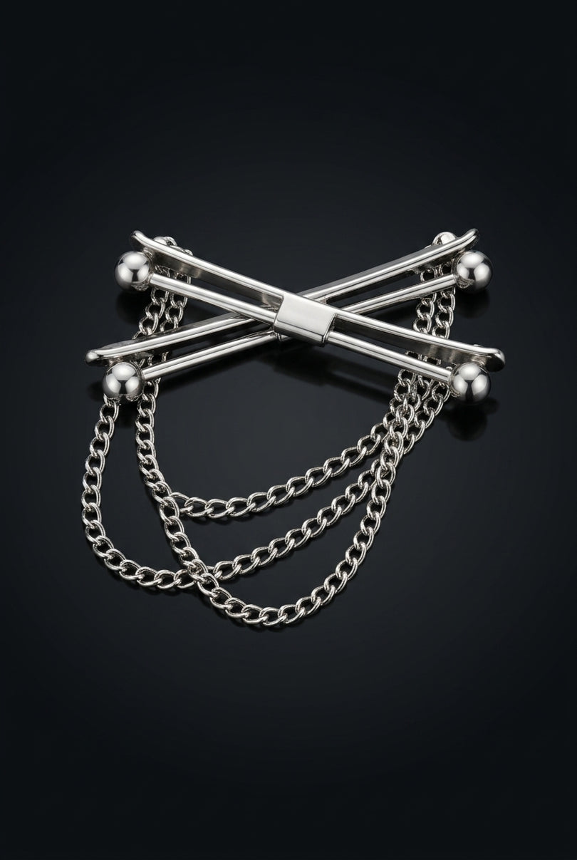 Brooch - Silver elongated bar with spherical ends and two draped chains - angle