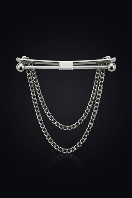 Brooch - Silver elongated bar with spherical ends and two draped chains - front