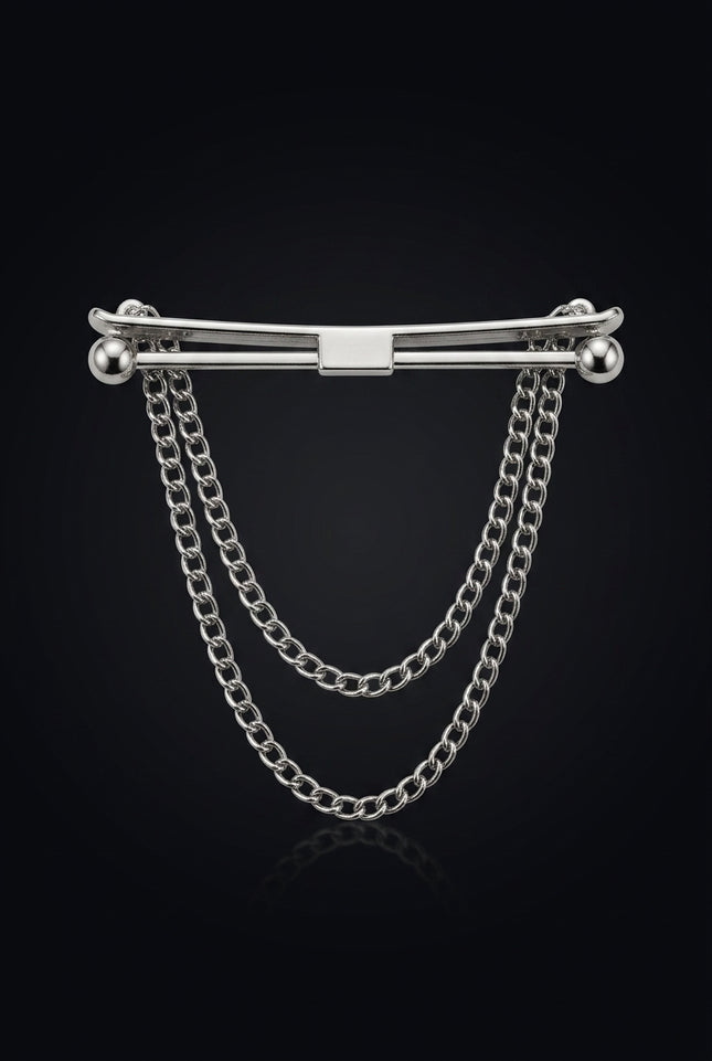 Brooch - Silver elongated bar with spherical ends and two draped chains - front