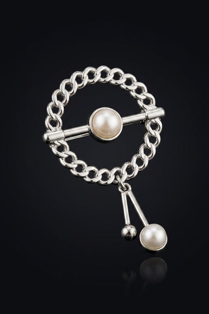 Brooch - Silver circular chain with pearl drop - angle