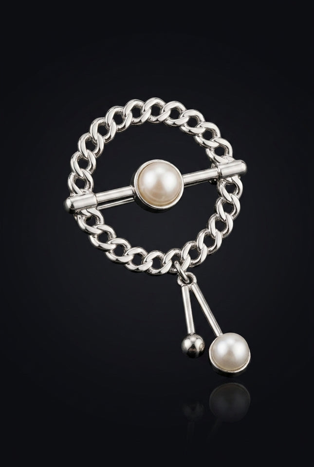 Brooch - Silver circular chain with pearl drop - angle