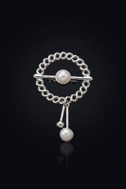 Brooch - Silver circular chain with pearl drop - front