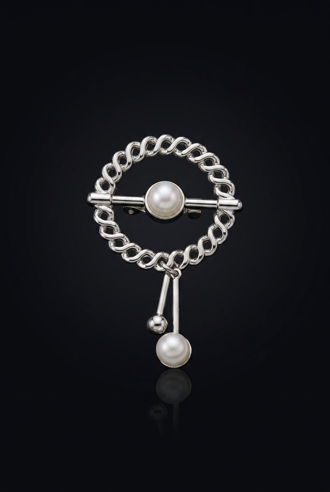 Brooch - Silver circular chain with pearl drop - front