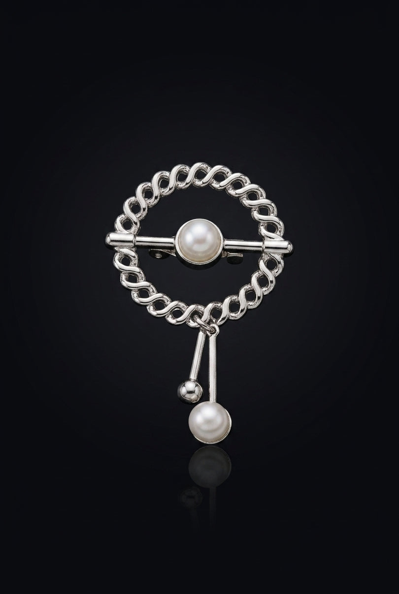 Brooch - Silver circular chain with pearl drop - front