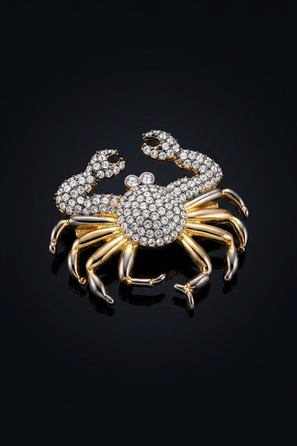 Brooch - Gold, Silver, Clear crab - angle