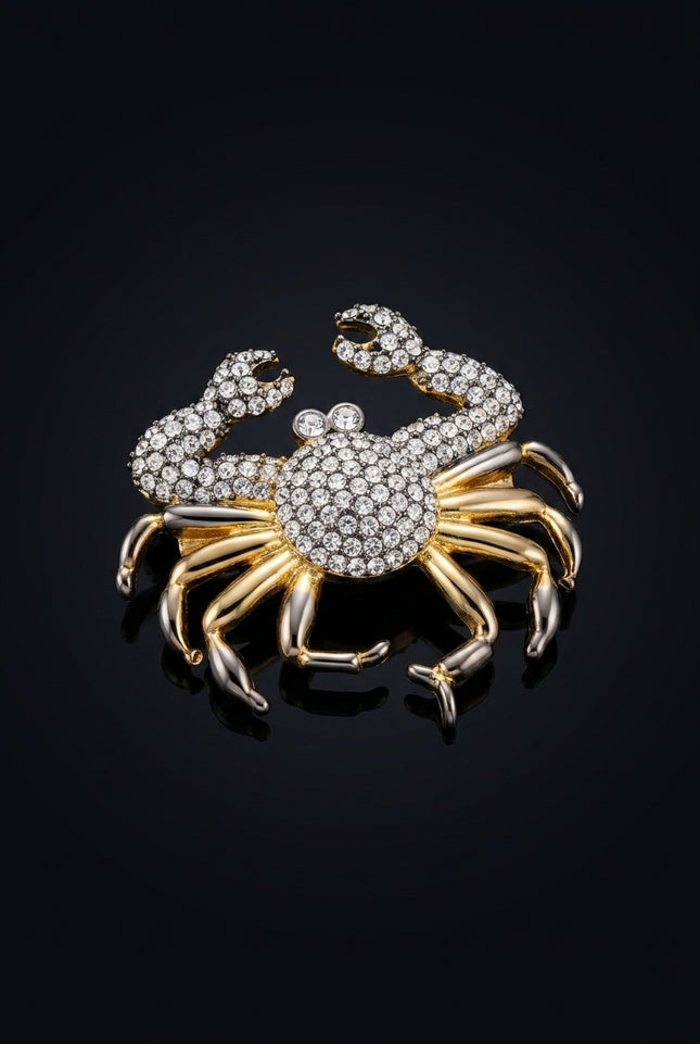 Brooch - Gold, Silver, Clear crab - angle