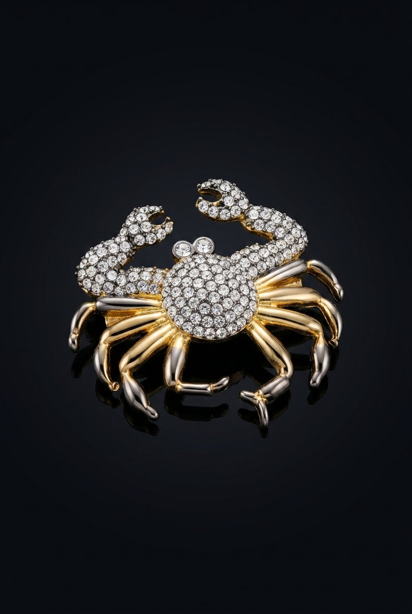Brooch - Gold, Silver, Clear crab - angle