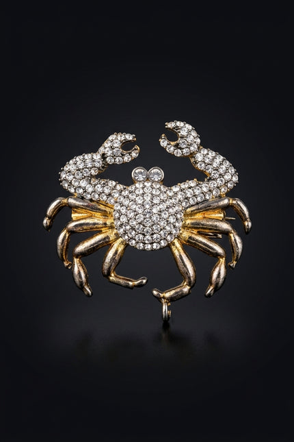 Brooch - Gold, Silver, Clear crab - front
