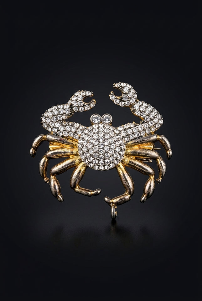 Brooch - Gold, Silver, Clear crab - front