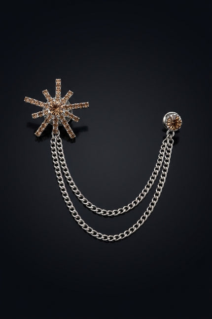 Brooch - Gold_Brown_Silver starburst_with_chains - front