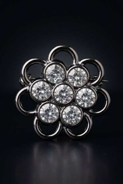 Brooch - Dark Grey And Clear flower - front