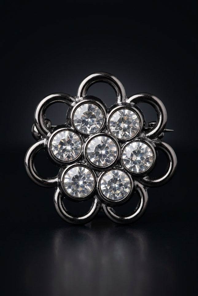Brooch - Dark Grey And Clear flower - front