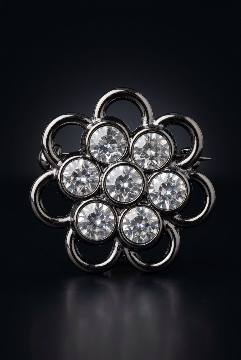 Brooch - Dark Grey And Clear flower - front
