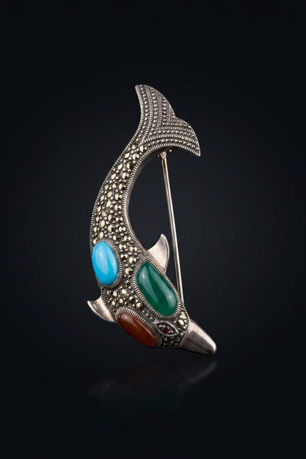Brooch - Silver With Multi-Color Stones dolphin - angle