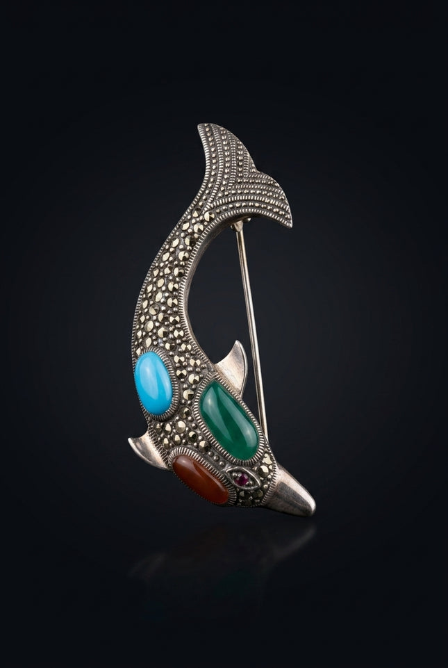 Brooch - Silver With Multi-Color Stones dolphin - angle