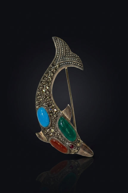 Brooch - Silver With Multi-Color Stones dolphin - front