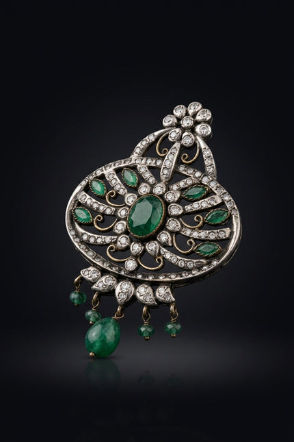 Brooch - Green, Silver, Clear ornate oval, dangles - angle