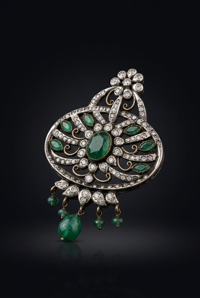Brooch - Green, Silver, Clear ornate oval, dangles - angle