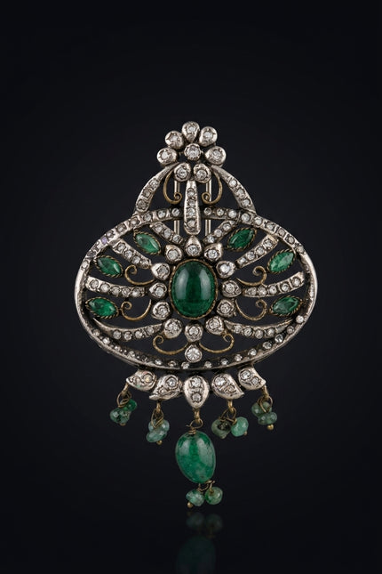Brooch - Green, Silver, Clear ornate oval, dangles - front