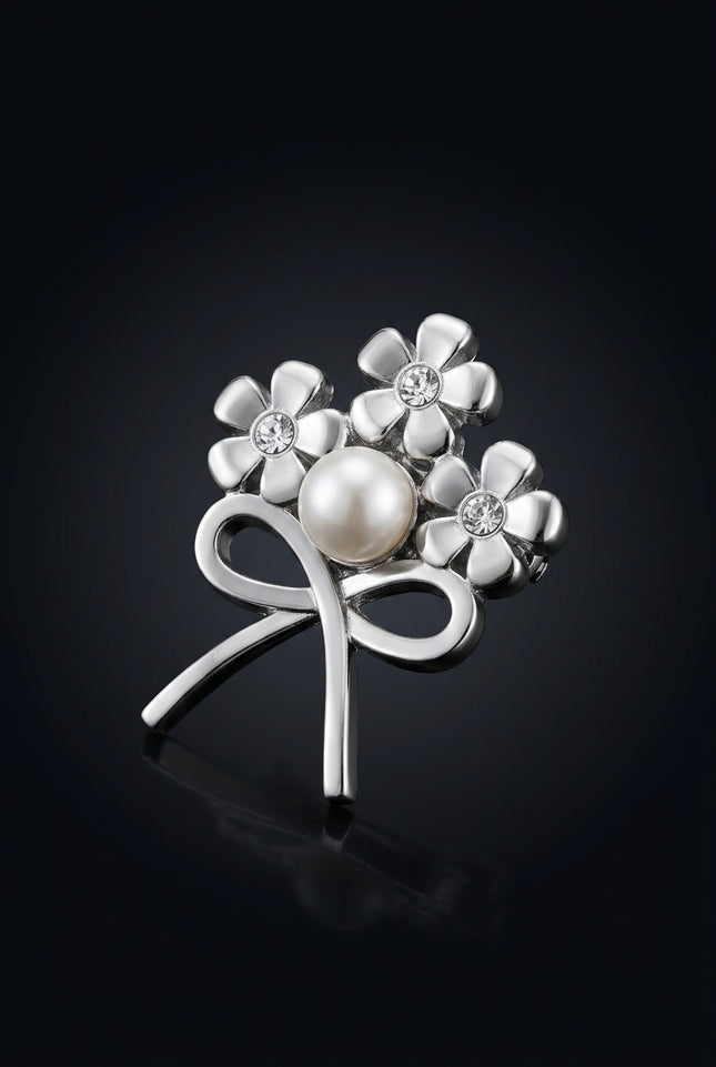 Brooch - Silver three flowers and a bow - angle