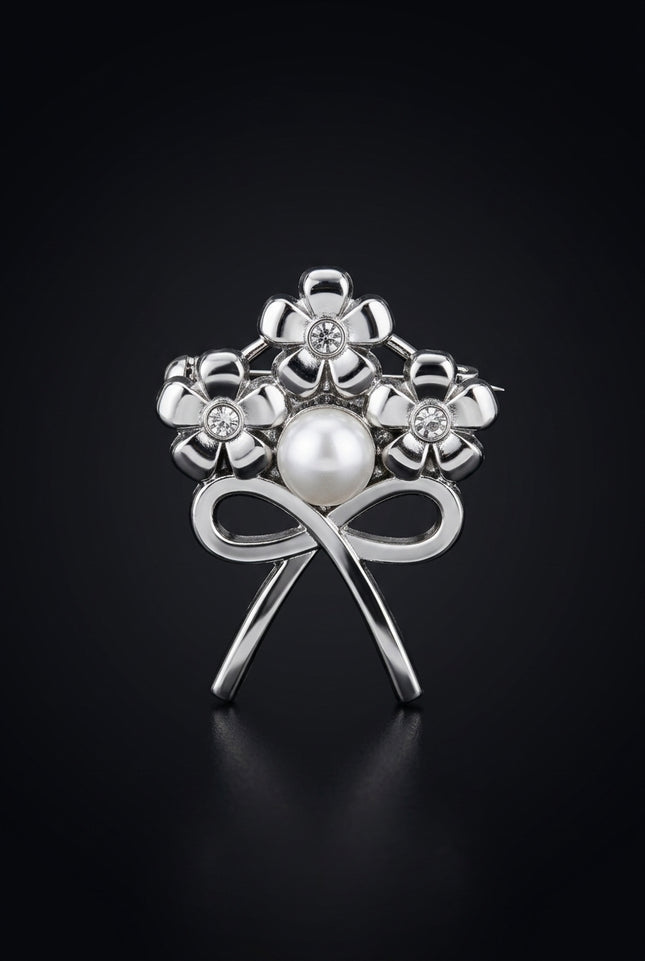 Brooch - Silver three flowers and a bow - front