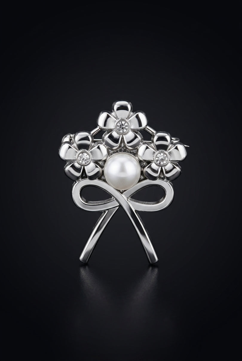 Brooch - Silver three flowers and a bow - front
