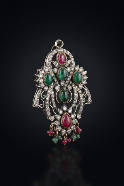 Brooch - Red, Green, White, Silver ornate teardrop - angle