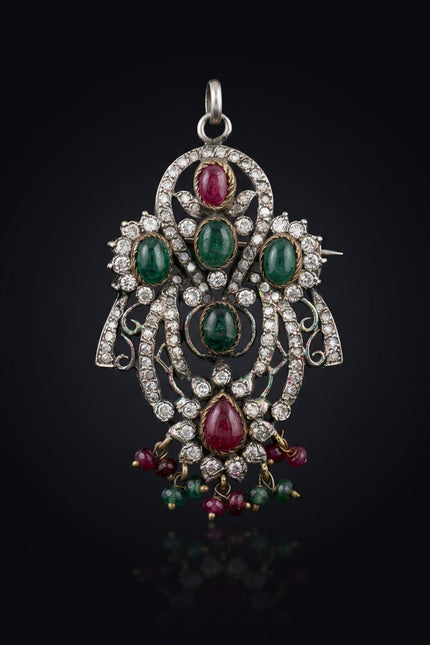 Brooch - Red, Green, White, Silver ornate teardrop - front