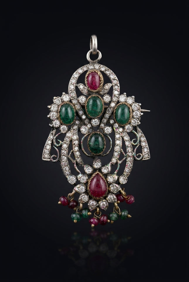 Brooch - Red, Green, White, Silver ornate teardrop - front