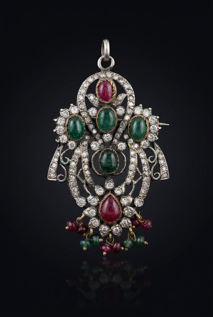 Brooch - Red, Green, White, Silver ornate teardrop - front