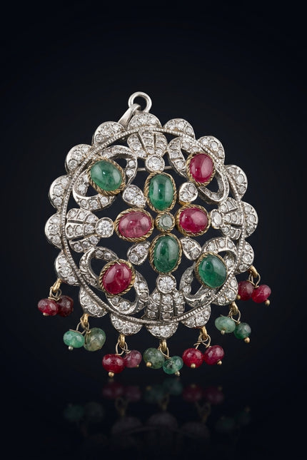 Brooch - Silver, Green, Red, Clear ornate circular with dangles - angle